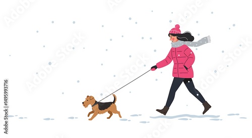 Woman Walking Dog in Snow During Winter Season