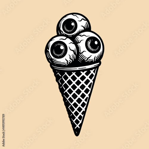 Eyeball ice cream cone surreal vector engraving