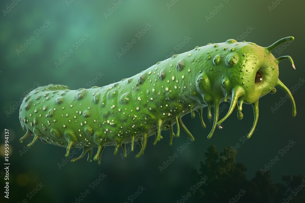Naklejka premium Detailed close-up of a green caterpillar with spikes on a blurry green background