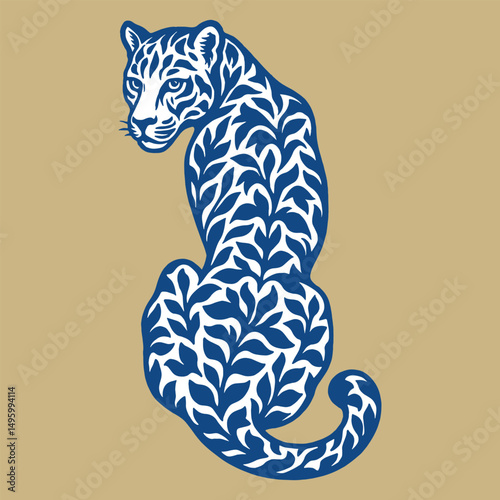 Floral pattern puma cat vector woodcut