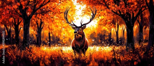 Majestic stag standing amidst vibrant autumn foliage in a serene forest setting