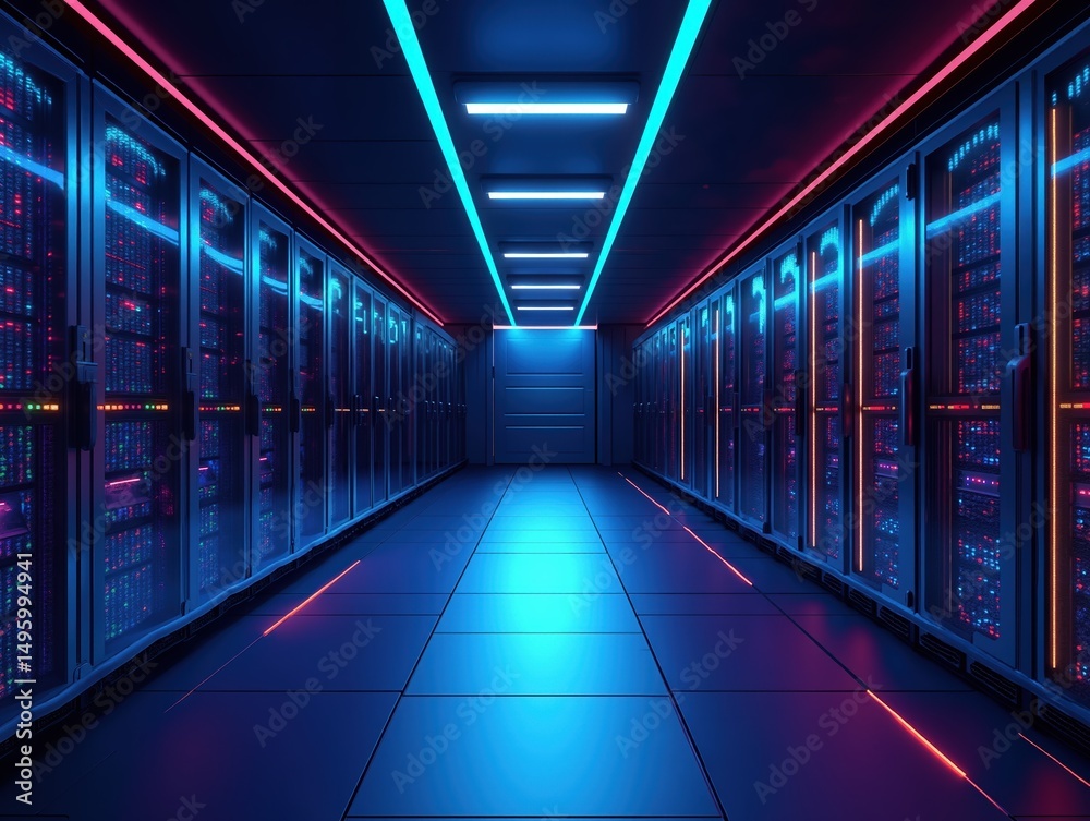 Fototapeta premium Futuristic data center with neon lighting and rows of network servers