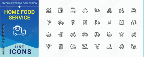 Home Food Service icon set. It contains symbols to delivery, order, fast, courier. Food Delivery icon collection. Sign and Symbol. Pixel perfect. Editable stroke.