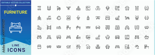 Furniture simple icon set. Includes thin line symbols bed, sofa, decor, bedroom, room and more. Dining line icon set. Outline icons pack. Editable vector art and illustration.