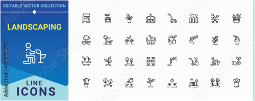 Landscaping icon set. Contains such symbols as grass, sprout, tree, leaf, scissors, grow and more. Gardening icon set. Collection for mobile and web apps. Editable vector art and illustration.