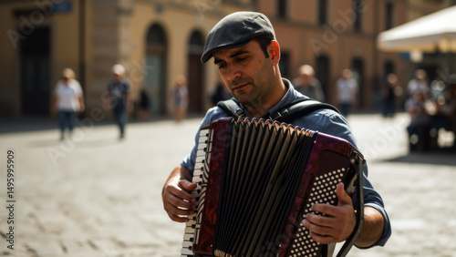 Fototapeta Naklejka Na Ścianę i Meble -  Man playing accordion in Italian town square. Street musician performing traditional folk music outdoors. Italian culture and musical performance concept.