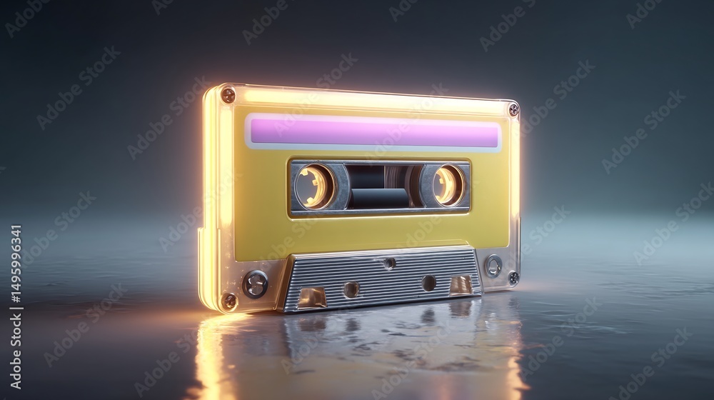 Fototapeta premium Retro audio cassette tape with vibrant neon glow for music and nostalgia