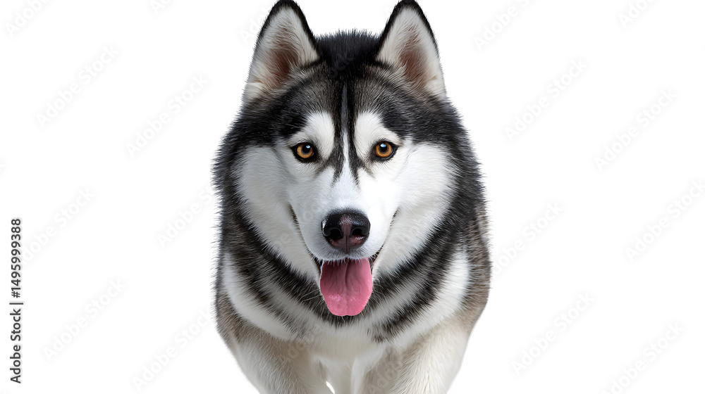 Siberian husky running toward the viewer from a low perspective, tongue out, isolated on white background Siberian husky running toward the viewer from a low perspective, tongue out, isolated on white background