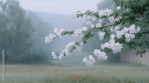 Misty forest landscape with blooming white cherry blossom branch. Serene spring nature scene. Romantic atmospheric painting for greeting card or wall art. Copy space.