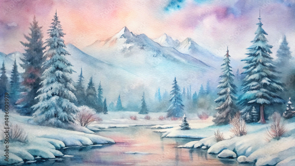 Fototapeta premium Winter Watercolor Landscape: A breathtaking watercolor painting portrays a serene winter landscape, with snow-covered mountains, tranquil trees, and a gentle river winding through the scene.