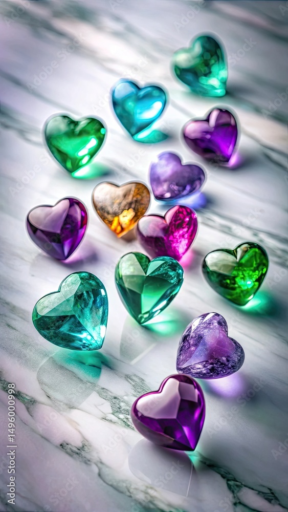 Fototapeta premium Colorful Crystal Hearts on Marble