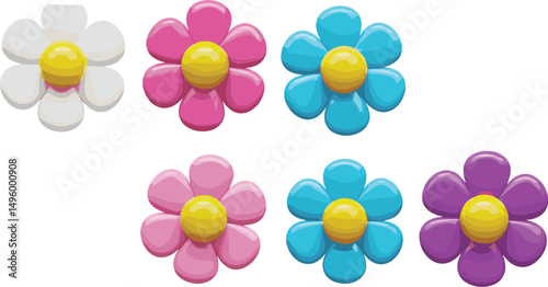 Cute plastic 3d flowers top view with colorful pastel petals. Render illustration set of spring or summer abstract plasticine bubble bloom