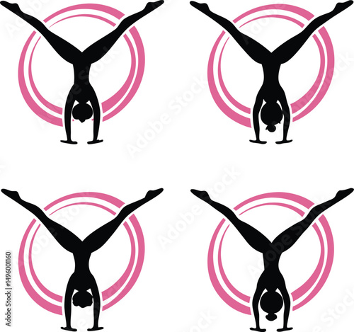 Four Silhouettes of Gymnasts Performing Handstands in Pink Circles