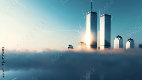 Sunrise behind Twin Towers with reflective water and serene sky