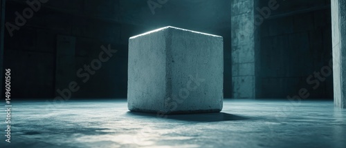 A large gray concrete block sits in a dimly lit room, casting a shadow on the floor.