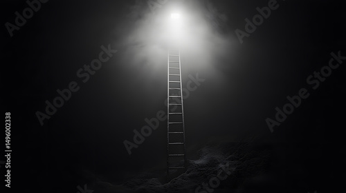 Ascension: A metaphorical visual of a tall ladder ascending into a bright, mysterious light amidst a sea of fog.