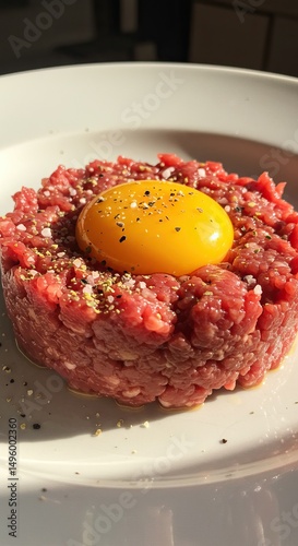 Gourmet steak tartare with egg yolk garnished with pepper and salt on white plate photo
