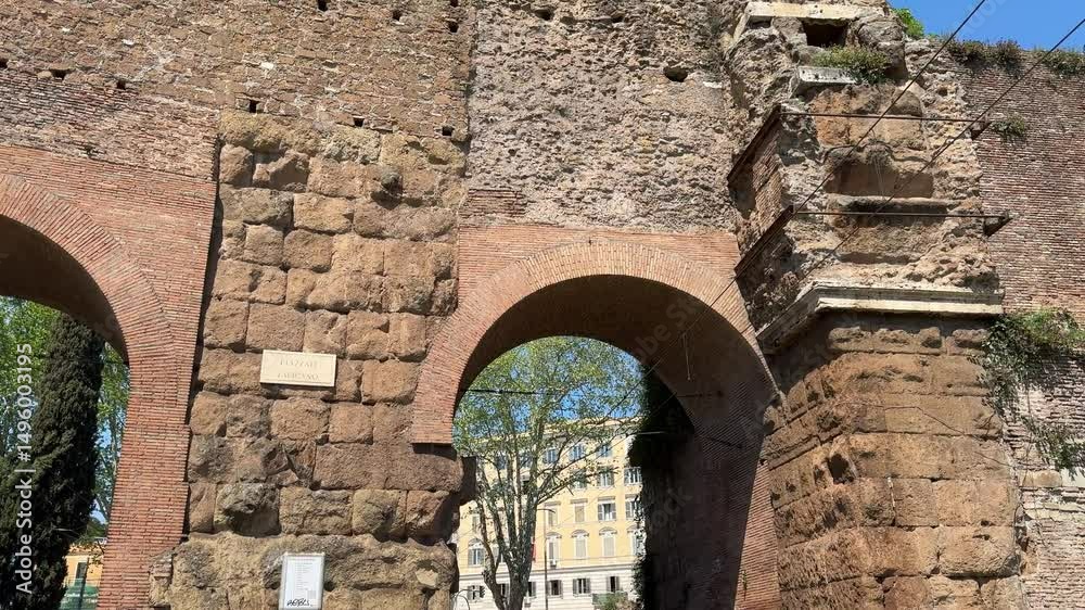 Ancient gate in Rome’s Aurelian Walls. Historic stone archway serving ...