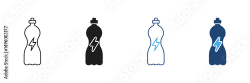 Sports Drink Bottle With Lightning Bolt Line and Silhouette Icon Set. Vitality And Stimulation Outline and Solid Symbol. Refreshment And Power. Editable Stroke. Isolated Vector Illustration