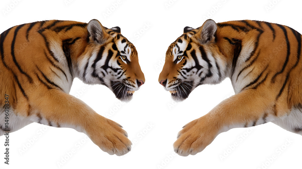 Fototapeta premium Two tigers clashing mid-air, claws extended, intense expressions, isolated on white background