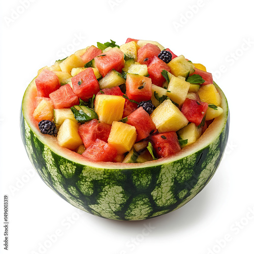 watermelon, fruit salad, watermelon bowl, tropical fruit mix on white background