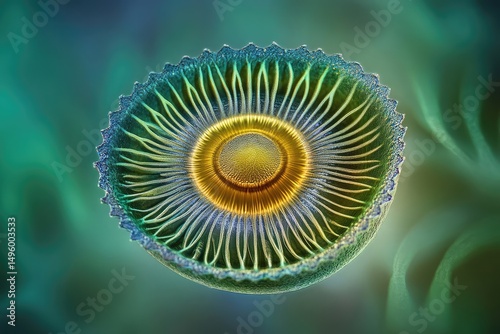 Microscopic diatom with intricate, radial structure, showcasing vibrant green and gold hues.