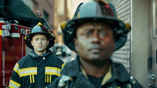 Serious black firefighter with helmet and firetruck