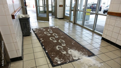 Stained rug with footprints at entrance of building during winter  