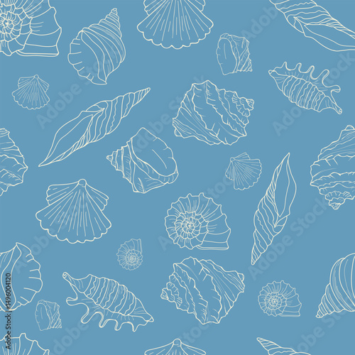 Seamless Pattern with Hand-Drawn Sea Shells on Blue Background. Handrow