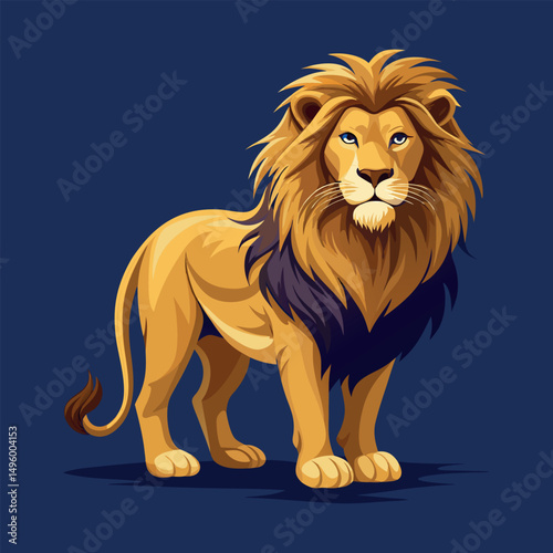 A majestic lion standing tall, a vector illustration with flat colors and a solid dark blue background.