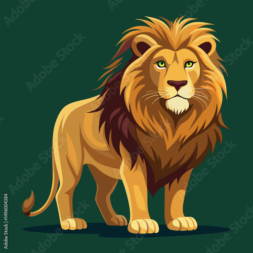 A majestic lion standing tall, a vector illustration with flat colors and a solid dark blue background.