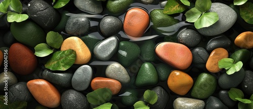 A collection of rocks and leaves in various colors and sizes.