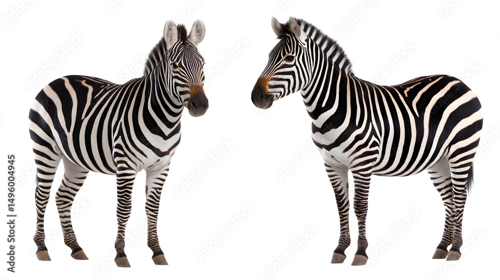 Fototapeta premium Zebra, standing front view and profile view, stripe pattern sharp and symmetrical, isolated on white background