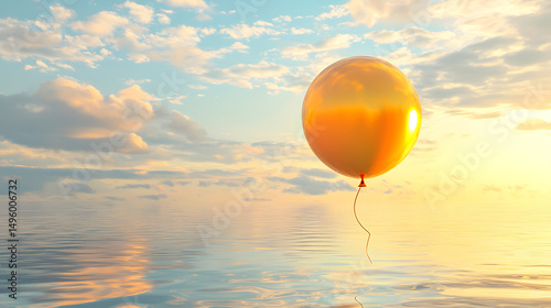 Golden Ascent: A solitary, lustrous golden balloon ascends gracefully, mirrored by the calm waters below, mirroring the tranquility of the expansive sky, bathed in the warm hues of sunset.
