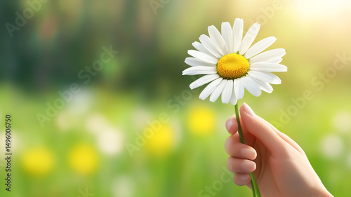 A hand holding a daisy isolated on a blurred background
