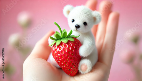 Cute tiny white bear holding a strawberry. Fantasy concept