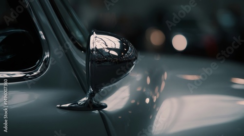 Chrome wing mirror reflecting classic car show