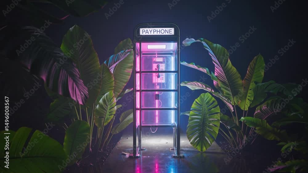Cabine téléphonique néon au cœur d’une jungle tropicale, ambiance synthwave à Miami

