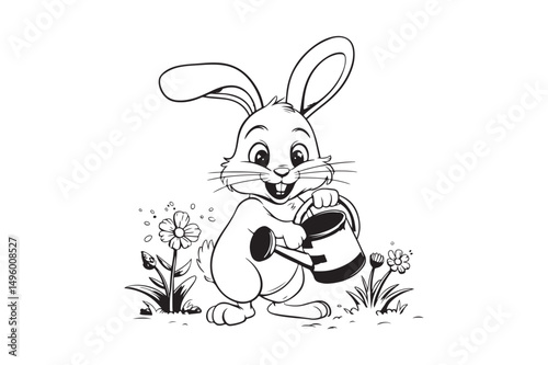 Cute Bunny Watering Flowers Coloring Page Printable Animal Garden Scene for Kids