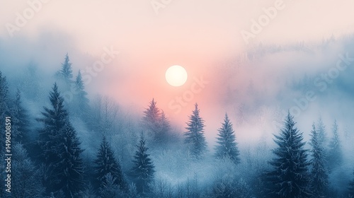 Dreamy winter scene with evergreens, mist and a glowing sun, casting a serene light on the snowy landscape. Peaceful forest atmosphere.