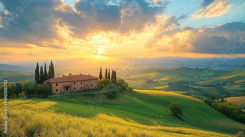 Golden hour illuminates a picturesque countryside villa nestled among rolling hills, showcasing an idyllic rural retreat at sunset.