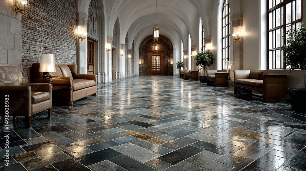 Obraz premium A grand hallway boasts stone floors, arched ceilings, seating areas with leather furniture, and large windows providing natural light.