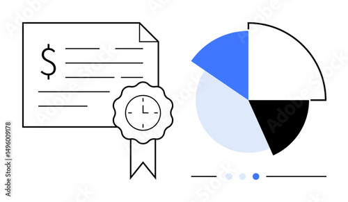 Certificate with ribbon icon and time element beside a segmented pie chart in blue and black tones. Ideal for finance, certification, data analysis, education, success, time planning, simple landing