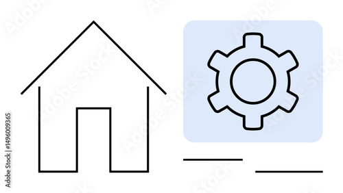 Outline of a house next to a gear icon, signifying system settings or smart home automation. Ideal for technology, innovation, housing, automation, real estate, tech solutions, simple landing page
