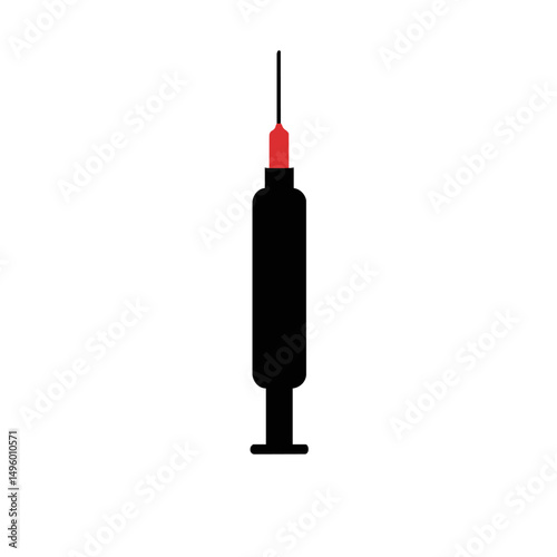 Flat minimal bold silhouette vector of syringe with a drop black silhouette with a red accent detail health wellness vector