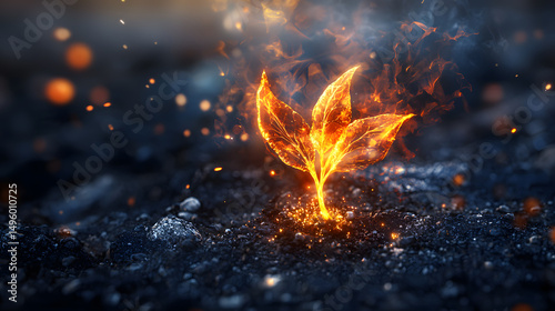 Fiery Growth: A symbolic representation of growth and energy, a vibrant, fiery plant erupts from dark, fertile soil, conveying a powerful message of resilience, life, and transformation.