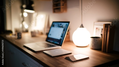 Modern home office desk illuminated by designer lamp at night