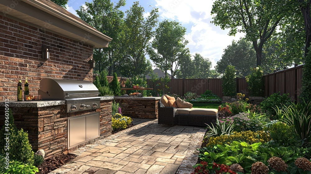 Naklejka premium Outdoor kitchen patio design, backyard landscaping, sunny day