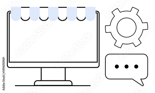 Desktop with a storefront awning, gear icon, and chat bubble with ellipses for messaging. Ideal for online store, website setup, digital marketing, support service, e-commerce, technology simple