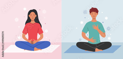 Deep breath and mindfulness. Man and woman sit in lotus position, meditate and take care of mental health. Calm and relaxed characters. Psychological stability. Flat vector illustration collection